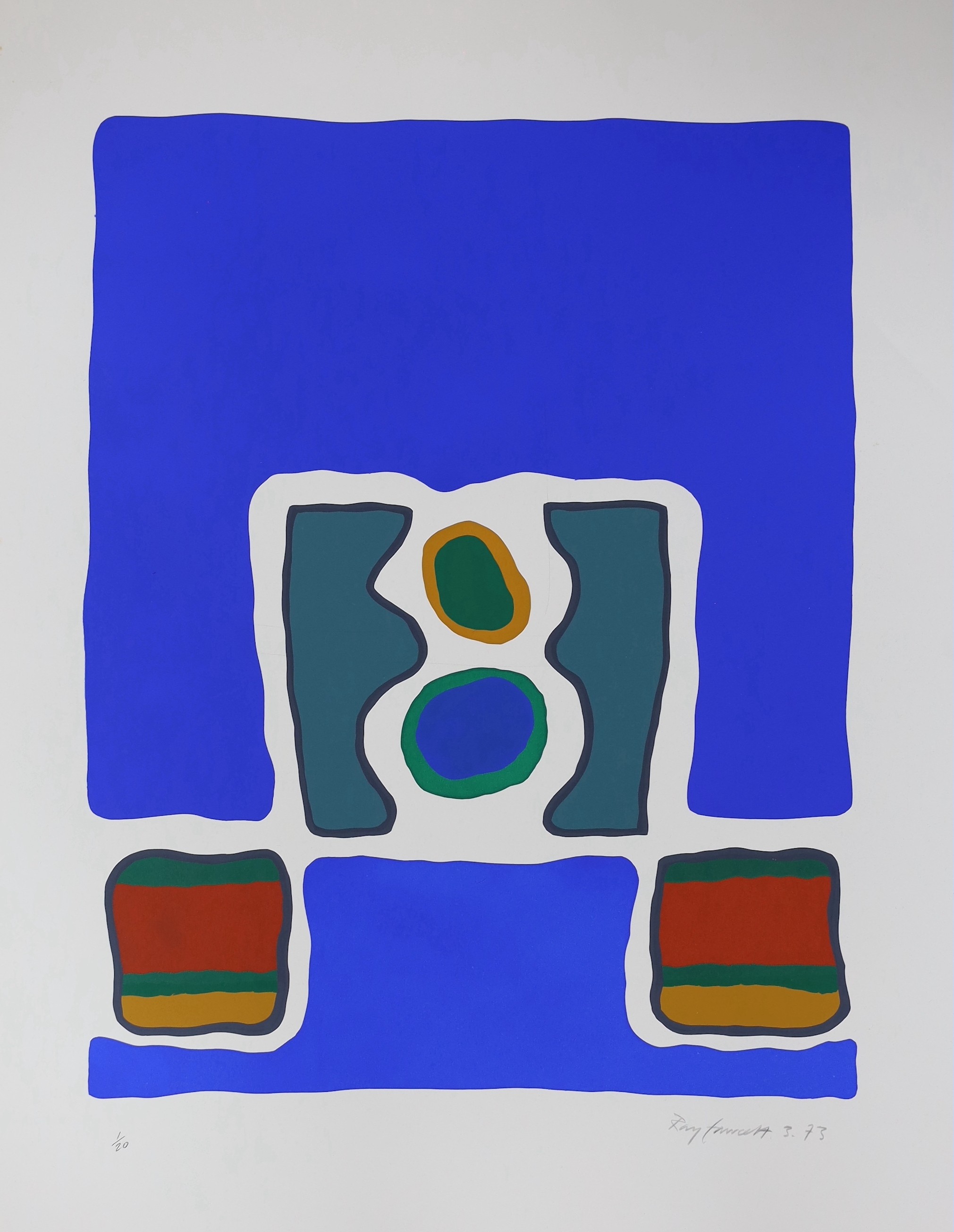 Raymond Fawcett (1934-1994), limited edition print, abstract blue, signed and dated 1973, 1/20, unframed